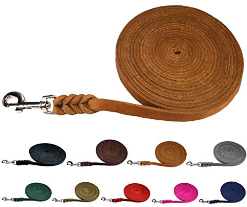 Hundeleine Fettleder Schleppleine kleine Hunde/Schleppleine große Hunde 3m / 5m / 10m / 15m / 20m Lederleine (Olive OHNE Handschlaufe, 7,5m / 12mm)