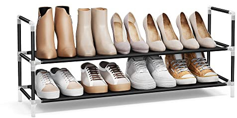 SONGMICS 2-Tier Rack, Shoe Storage for Hallway Closet, Slim and Space-Saving, Metal Frame, Non-Woven Fabric Shelves, Black LSH052B01