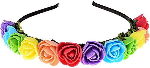 Merroyal Boho Floral Crown Rose Flower Headband Hair Decoration Wreath Flower Hair Accessory Rainbow (Rainbow), Pack Of 1