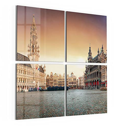 DEQORI Glasbilder Echtglas | Motiv Grand Place am Morgen | quadratisch 4-teilig 100x100 cm | große XXL Deko | Wandbilder für Wohnzimmer, Schlafzimmer, Flur & Küche | moderne Wanddeko