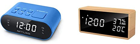 Muse M-10 BL Radio-réveil avec écran LED, 20 Stations mémorisables Bleu & Flysocks Réveil Numérique Bois, Horloge Numérique avec 3 Réglages d'Alarme, Réveil Électronique Alimenté, Blanc