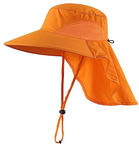Magracy Herren Damen Outdoor-Sonnenhut mit Nackenklappe breiter Krempe Netzstoff UV-Schutz Hut Gartenarbeit Angelhüte Orange
