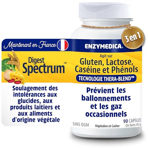 Enzymedica, Digest Spectrum, Indiqué Pour De Multiples Intolérances Alimentaires, Cible Le Gluten, Le Lactose, La Caséine Et Les Phénols, Sans Gluten, Sans Produits Laitiers, Végétarien, 90 Capsules