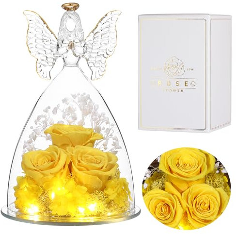 Eaprala Tre Rose Eterna in Vetro Figurine Angelo, Regalo Compleanno per Donne, Regalo Angelo per Lei in Occasione Dell'anniversario, Natale, San Valentino, Festa Della Mamma.Giallo