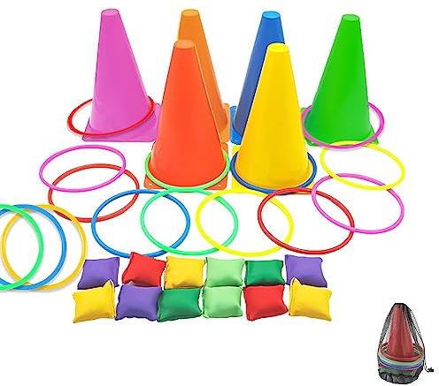36 Stück Ringwurfspiel 3 in 1 Kinder Karnevalskombinations Wurfspiel mit Sitzsäcken Kunststoffreifen Kegelmarkern und Tragetasche Sackhüpfen