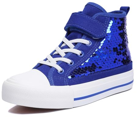 Zoroadke Boys High Top Canvas Sneakers Little Kids Girls Sequins Glitter Adjustable Straps Walking Shoes Royal Blue Size 11