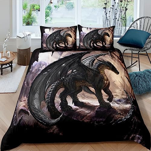 WIKINGER Bettwäsche Drachen 135x200 cm 2teilig Jungen 100% Mikrofaser Sommer Weiche Winter Warm Kinder Bettbezüge mit Reißverschluss 3D Viking Drache Bettbezug mit Kissenbezüge 80x80 cm