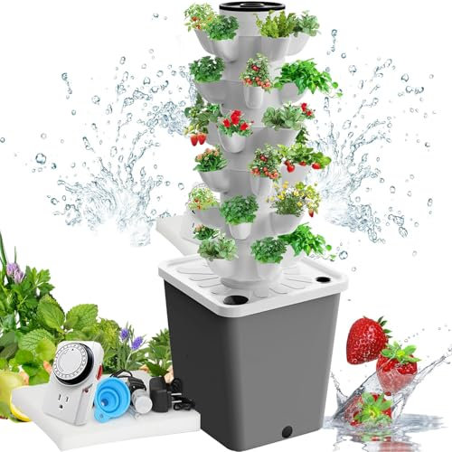 30 Pods Hydroponics Tower Garden Hydroponics Growing System Aeroponics Growing Kit Indoor Herb Garden Kit with Hydrating Pump, Adapter, Net Pots, Timer for Herbs, Fruits and Vegetables