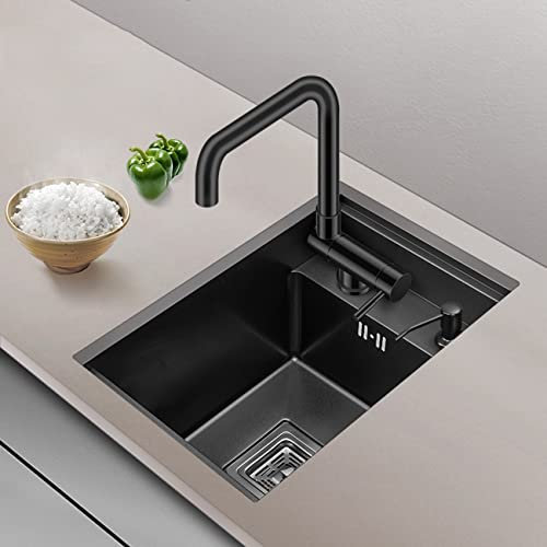 Spüle 304 Edelstahl Küchenspüle Küchenbar Verdeckte Spüle mit Abdeckung Workstation Bar Spüle Rechteckiges Einzelwaschbecken Klappbarer Wasserhahn (Farbe: Schwarz, Größe: 35 * 45 * 22 cm)
