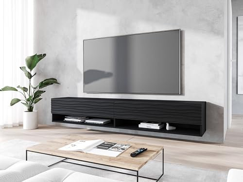 MINIO - TV Stand Cabinet ANNE, TV Unit 180 cm Wide, TV Cabinet with Doors and Open Niches, Laminated Chipboard, Practical and Functional - Graphite Black/Wave Pattern