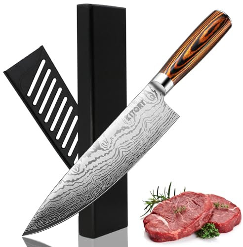 Kitory Kochmesser, Profi Küchenmesser, Scharf Chefmesser 20cm Klinge Fleischmesser mit Pakkaholzgriff, hochwertigem Carbon Edelstahl, Klingenschutz in Geschenkbox - FLAMINGO SERIE