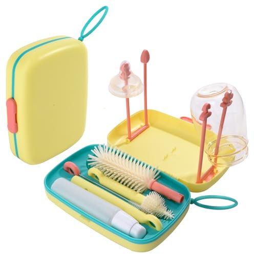 Bebamour Brosse à biberon de Voyage avec Brosse à biberon Portable en Silicone, Brosse pour Nettoyer Les tétines, Brosse à Paille, Distributeur de Savon et Support pour sécher Les biberons,Yellow