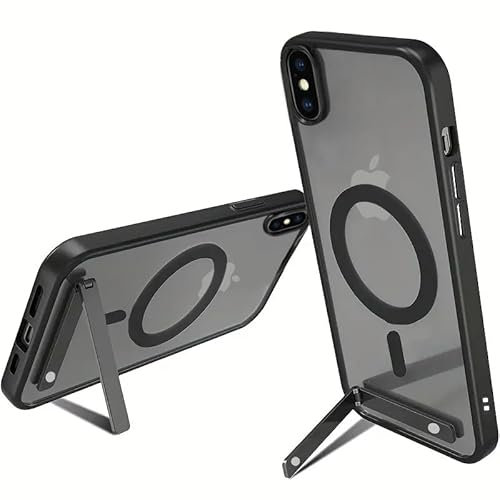 Magnetic Stand iPhone X & XS Mag-Safe Case 5.8-Inch Black Clear Transparent with Metal Stand Shock Absorption Bumper Slim Kickstand Cover to Protect Compatible for MAG-SAFE Charging iPhone X & XS