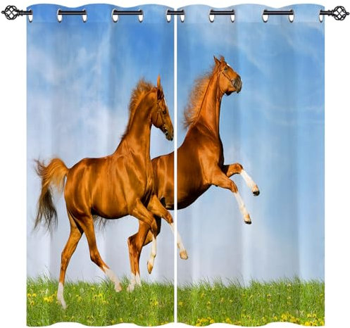 ANHOPE Bauernhof Pferd Grassland Blickdichte Gardinen mit Ösen Thermo Vorhänge Weich Vorhang Blackout Curtain Wohnzimmer Schlafzimmer Verdunklungsvorhänge 2er Set H 160 x B 140 cm