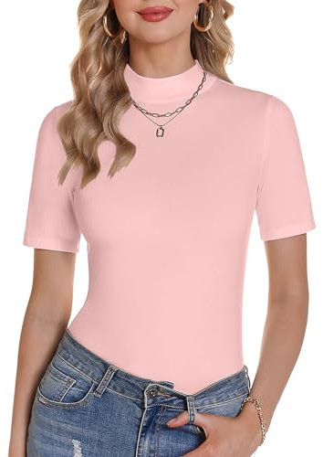 Totatuit Maglietta Donna Manica Corta T-Shirt Elegante Dolcevita Maglietta Top a Collo Alto Lupetto Casual Estiva Pullover di Base Slim Fit Morbida Sexy Rosa XXL