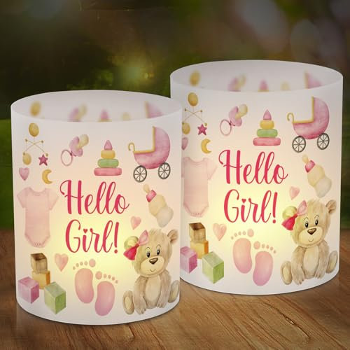 12 Windlicht Tischdeko Hello Girl, Hello Girl Tisch Deko, Rosa Süßer Bär Windlichter Tischdeko, Tisch Dekoration für Mädchen Geburt Babyparty Geburtstag, Fußabdruck Windlicht für Teelichter Kerzen