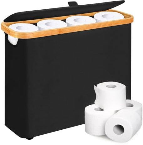Toilettenpapier Aufbewahrung, Klopapier Aufbewahrung mit Deckel, Ersatzrollenhalter Wc Papier Aufbewahrung, Bambus Badezimmer Organizer für WC Rollen, Toilet Paper Behälter Schwarz, Aufbewahrungskorb