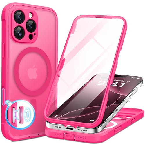 BERFY Magnetic for iPhone 16 Pro Max Case, Compatible with MagSafe, [Built-in 9H Tempered Glass Screen Protector & Camera Protection] Full Body Translucent Matte Phone case for 16 Pro Max, Hot Pink