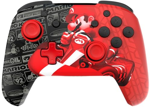 PDP Gaming REMATCH GLOW - Controller wireless Nintendo Switch Pro, con licenza, Nintendo Switch 2|Lite|OLED, controlli di movimento, batteria ricaricabile, si illumina al buio: Grand Prix Mario (rosso