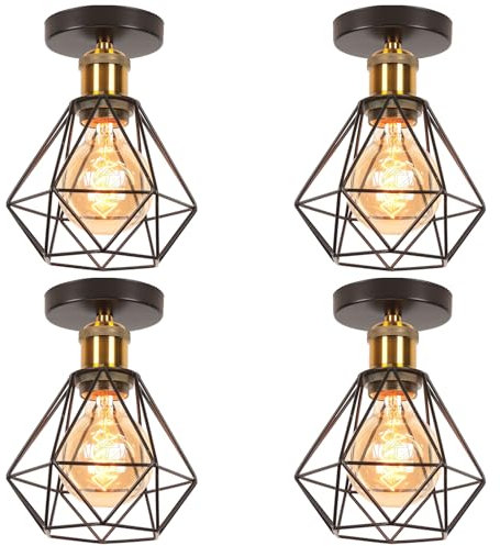 TOKIUS 4 Stücke Deckenlampen, 16CM Vintage Deckenleuchte im Industrial Design Retro Lampe Käfig Pendelleuchte Schwarz Lampenschirm aus Eisen mit E27 Fassung Messing Flurlampe