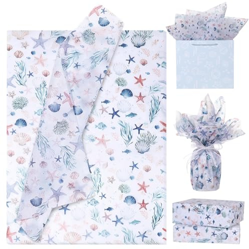 Seidenpapier für Geschenktüten unter dem Meer, Küste, Ozean, Geschenkpapier, Seestern, Muscheln, Fisch, Seetang, Druck für Geburtstag, Hochzeit, 50,8 x 35,6 cm, 100 Blatt