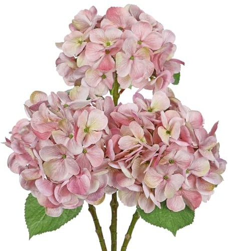 Hollyone Set di 3 fiori artificiali di ortensia rosa, Ø 15 cm, fiori di ortensia artificiali, fiori di seta come veri ortensia, decorazione per matrimoni, casa, ufficio, centrotavola, composizioni
