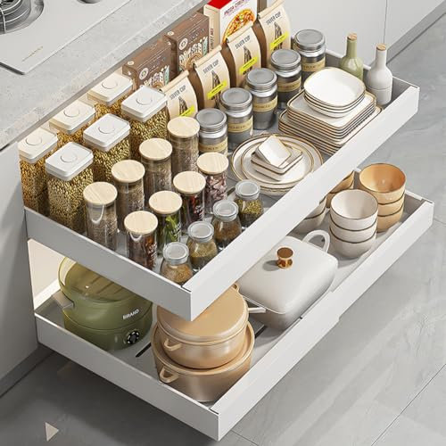 Teleskopschublade, Ausziehbarer Schrank Aufbewahrungsregale Organizer, Ausziehbare Schublade Küche mit Griff, Slide Out Drawer für Küchenschränke, Kein Bohren und Nageln Erforderlich, 42cmx32cmx7cm