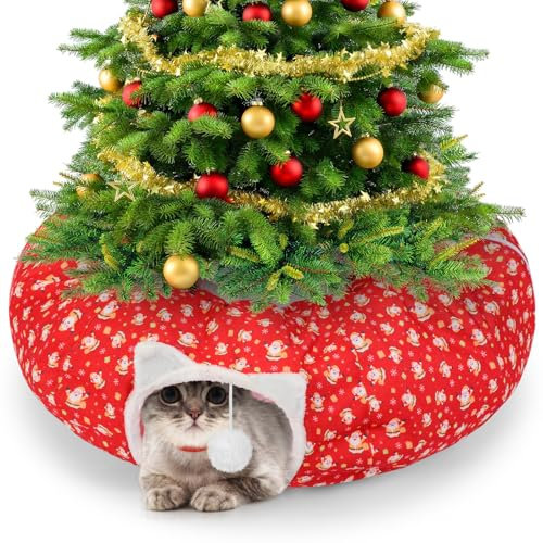 Cinnvoice Túnel de Navidad para gatos de 2.5 x 2.25 x 10.25 pulgadas, cama debajo del árbol de Navidad para gatos de interior, túnel de dona de gato rojo de Navidad con cojín circular lavable, túnel