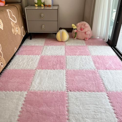 10Pcs Foam Play Mat 30x30cm Plush Square Interlocking EVA Foam Floor Tiles,Anti-Slip Play Area Rug Living Room Bedroom Gym Floor Protector (White Pink,1cm Thick)