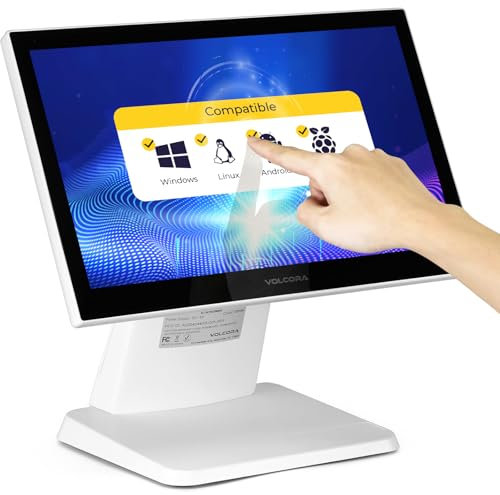 Volcora 15.6 LED Backlit Touch Screen Monitor with Metal Stand for POS System Small Business, Touchscreen Monitor 1366*768 with VGA HDMI for Cash Register PC Kiosk Office Retail Restaurant Bar, White