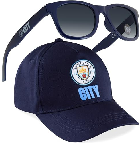 Manchester City F.C. Sonnenhut Kinder Set mit Fischerhut oder Baseball Cap und Sonnenbrille Sommer Fussball Geschenke für Jungs (Marineblau Basecap)