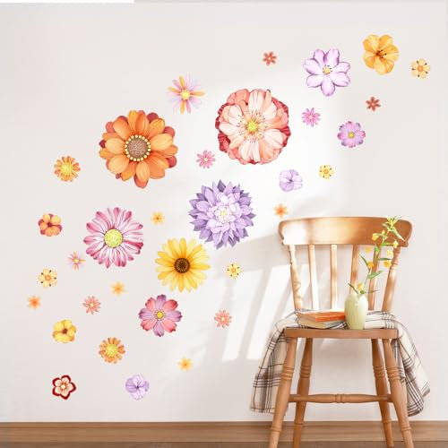Supzone Pegatinas de Pared Flores Boho Grande Boho Primavera Floral Daisy Vinilos Decorativos Coloreado Flores Silvestres Adhesivos Pared para Niños Dormitorio Despacho Cocina Salón Guardería