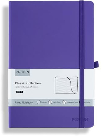 POPRUN A5 Notebook Hardback for Work, Journal Notepads, 240 Pages, Purple | 14 x 21 cm, Lined Leather Notebooks, 7 mm College Ruled Notepad, 70 GSM, Lay Flat, Inner Pocket, School, Meeting, Business