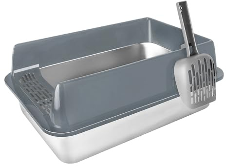 XANNI Katzentoilette aus Edelstahl, XXL, Katzentoilette mit Schaufel, U-Form, Toilette, abnehmbar, einfache Reinigung, weniger Flecken (Grau, 50 x 35 x 20 cm)