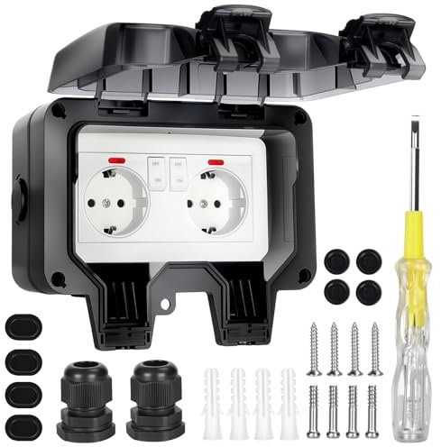 TAVADA Enchufe Exterior Impermeable,Enchufe de Exterior Doble,Toma de Corriente Ip66 con Interruptor,Contacto de Protección para Habitaciones Húmedas,Jardín,Exteriors,2 Enchufes con Tapa con Bisagras