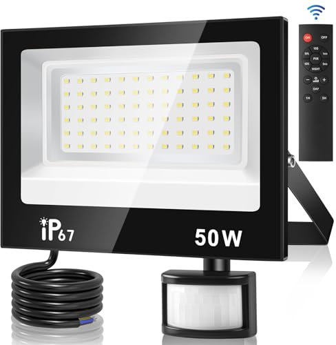 URTBST 50W Projecteur Led Exterieur Detecteur de Mouvement et Télécommande,Réglables 10 luminosité Spot LED Extérieur,5000LM,7000K Blanc Froid IP67 Etanche Eclairage Exterieur pour Jardin,Cour,Garage