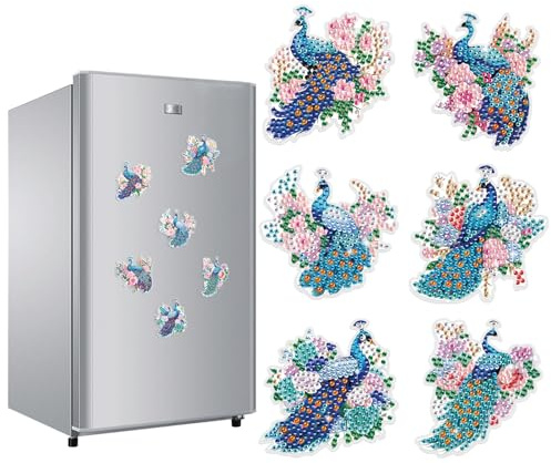 JICFDAO 6 Stück Tiere Diamant Painting Aufkleber Pfau und Blumen Diamant Malerei Kühlschrank Magnete Kits Diamond Painting Magnete Kühlschrank für Heimwerker Basteln Zuhause Briefkasten Deko Geschenke