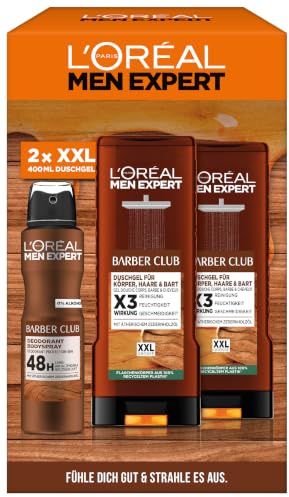 L'Oréal Men Expert Barber-Geschenk-Set für Männer, mit XXL Duschgel und Deo Spray, Mit ätherischem Zedernholzöl, Herren Geschenkset, Barber Club,2 x 400 ml, 1 x 150 ml