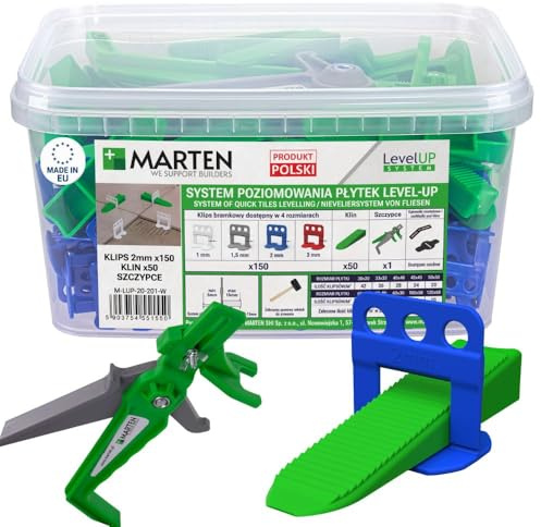 MARTEN Level UP Fliesen Nivelliersystem Set – Verlegehilfe mit Zuglaschen & Fliesenkeilen – Starter Set für perfektes Fugenbild 1-3 mm – Fliesenstärke 5-15 mm – Werkzeug für Wand- und Bodenfliesen