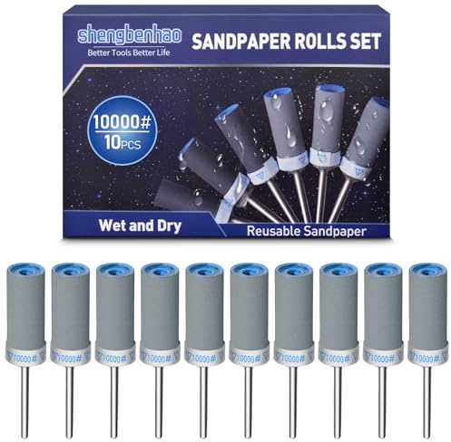 ‎shengbenhao 10PCS 10000 Grit Sanding Drums Sandpaper Sticks Set Compatible with Dremel Rotary Tool Accessories with 1/8 inch Shank for final polishing of metals and jewellery