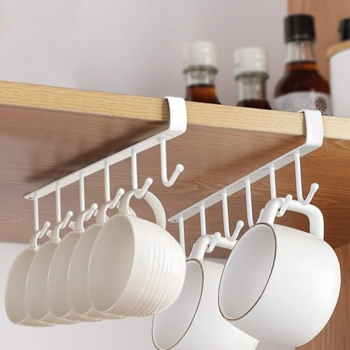 PAIKIUU 2 Pack White Mug Holder Hooks Under Shelf Cup Storage for Cupboards, No Drilling Mug Rack Organiser Hanger for Kitchen Cupboard Coffee Shop Bar