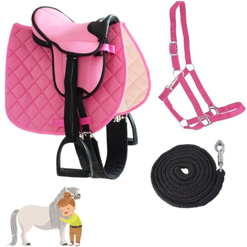My Sweet Pony® Kinder Shettysattel-Set Bella Rose + Halfter + Führstrick + Bandagen | Sattel für Pony Shetty und Holzpferd | Alles enthalten | kompletter Sattel | Ideal für erste Reitversuche