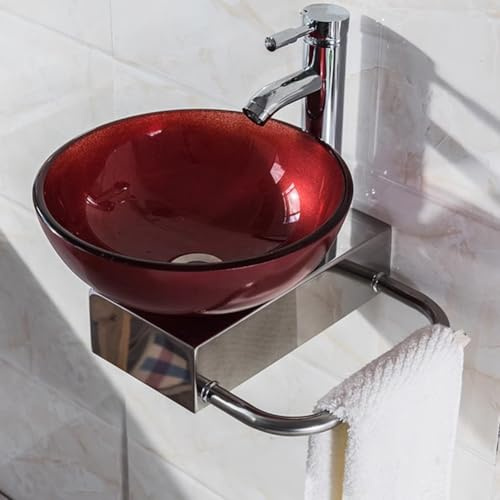 HEFJIAYCIQ Lavabo Rond En Verre Trempé, Lavabo Mural Pour Salle De Bains, Meuble-Lavabo Et Petit Lavabo De Comptoir Pour Hôtel,Rouge,31cm