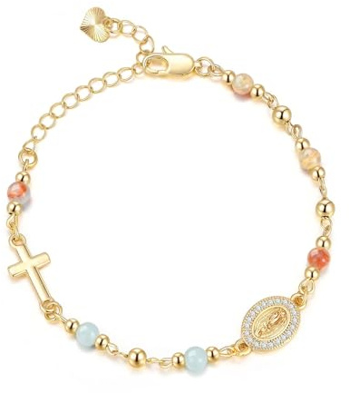 Gold Kreuz Armband Damen – Christliches Armband mit Naturstein Perlen, Madonnen Medaille & Kreuzanhänger – Christlicher Schmuck Geschenk für Taufe, Kommunion, Konfirmation, Firmung & religiöse Anlässe