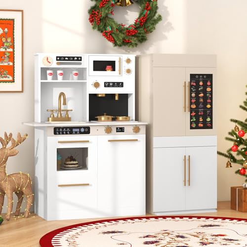 COSTWAY Kinderküche Holz mit Licht und Sound, modulare Spielküche | Puppenküche mit Herd, Kühlschrank, Kaffeemaschine & Mikrowelle, Wandposter mit Sprechfunktion, Spielzeugküche für Kinder