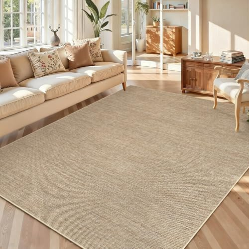 LuxFocus Jute-Look Teppich Wohnzimmer 200×290 cm Waschbar Leinenfarbe | Moderner Uni-Teppich für Schlafzimmer Esszimmer In-&Outdoor Teppich Neutraler Faltbarer Rutschfest