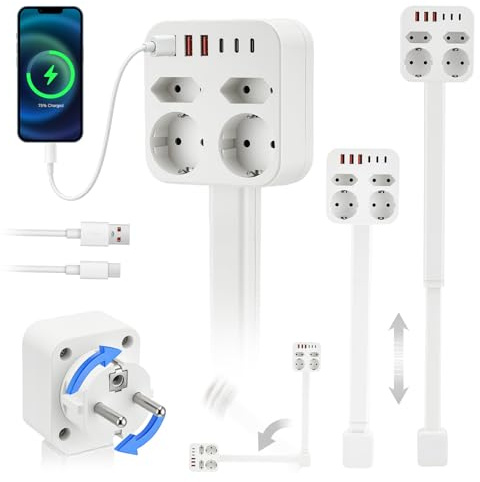 Prise Extensible Derriere Meuble avec Rotation 360°, Multiprise Extensible 4 PrisesAC, 3 USB-A/C Longueur 46-67 cm, Protection Surtension 1800J, Longueur 46-67 cm, pour Cuisine, Bureau, Salon