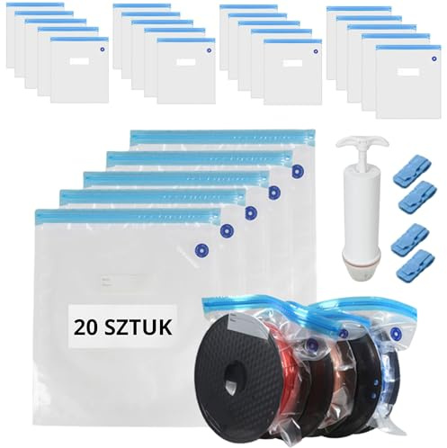 ZAXER 20 Stk 3D Drucker Filament Vakuumbeutel Kit 30x34 cm,Aufbewahrung Transparente Vakuum Taschen,20 Trocknungsmittel,4 Dichtungsclips,1 Handpumpe,für PLA ABS PETG TPU Lagerung