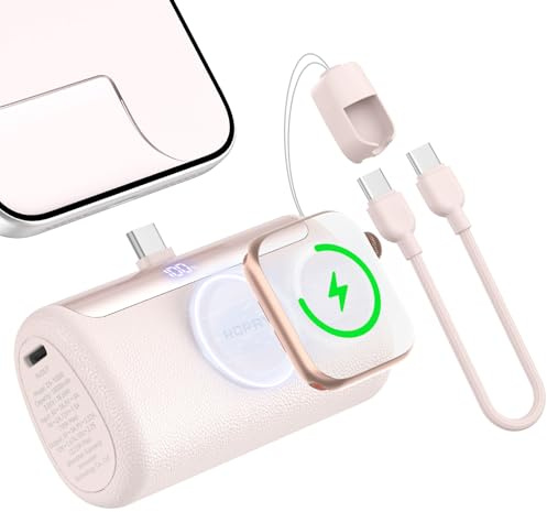 RORRY PalmGo Powerbank,10000mAh Mini Power Bank PD 22.5W Integrierter USB C | 3-in-1 Portable Charger, Schnellladegerät Externer Akku for iPhone 17/16/15 Pro/Max, Apple Watch Ultra/11/10/SE, iPad, Rosa