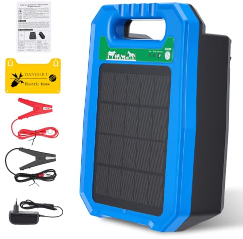 Électrificateur de Clôture Électrique Solaire 5KM, 0,2J Sortie 8kV Impulsion, Panneau Solaire Rechargeable avec Batterie Lithium 10400mAh, IP55 Étanche, Protection 24/7 Bétail Chevaux Volaille